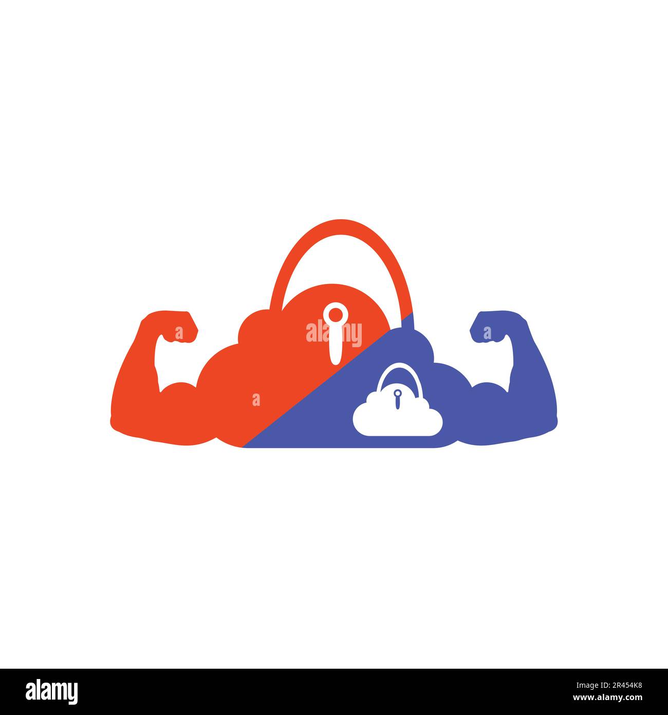 Logo für Cloud Fitness und Fitnessstudio. Karosseriebau-Tasche und Sicherheitsvektorsymbol. Konzept der Cloud-Sicherheit. Stock Vektor