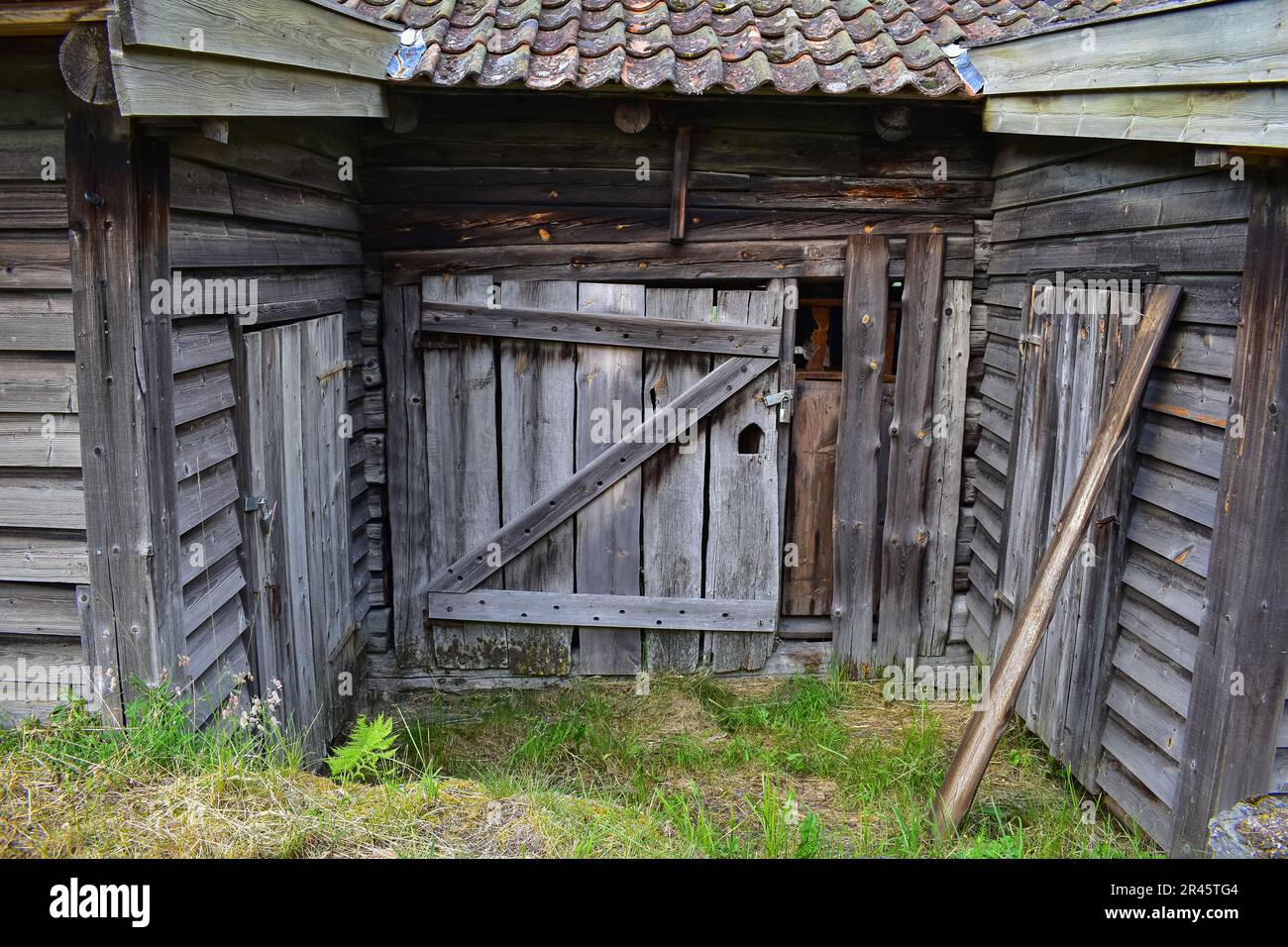 Alte verfallene Holzplanken mit verwitterten Dachziegeln, Norwegen, Europa Stockfoto