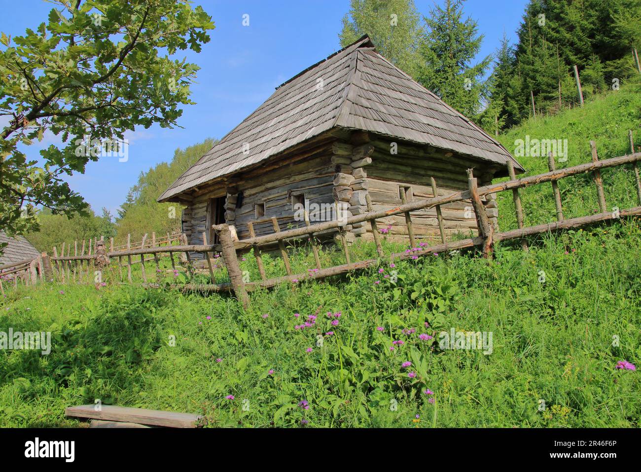 Das Foto wurde in der Ukraine im Dorf Kolochava in Transkarpathien aufgenommen. Auf der фто befindet sich ein altes ländliches Haus auf einem grünen Hi Stockfoto