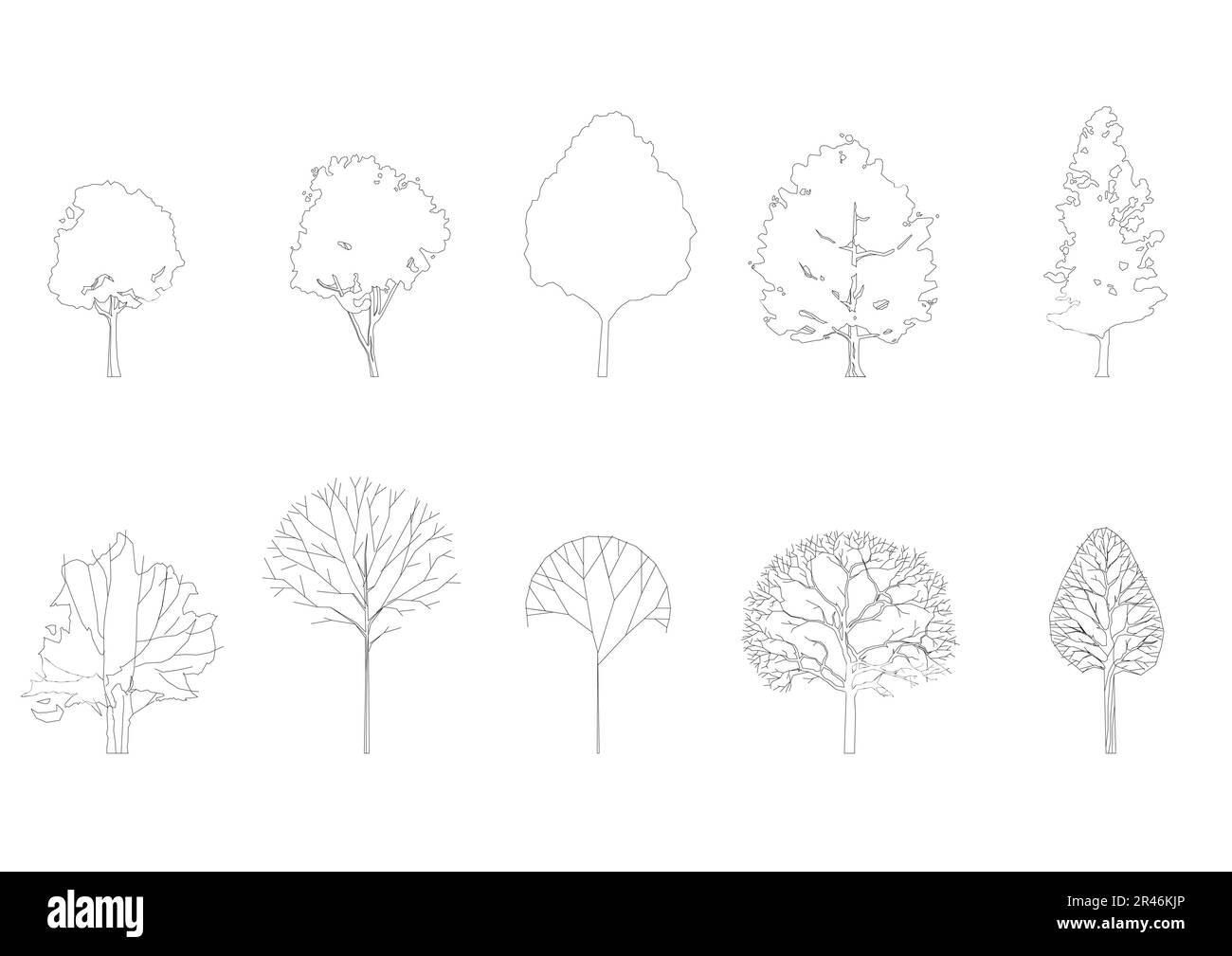 Baumlinienzeichnung, Seitenansicht, Grafikbäume Elemente einzelner Objektkontur Minimales Pflanzensymbol für Architektur- und Landschaftsdesign. Vektor. Stock Vektor
