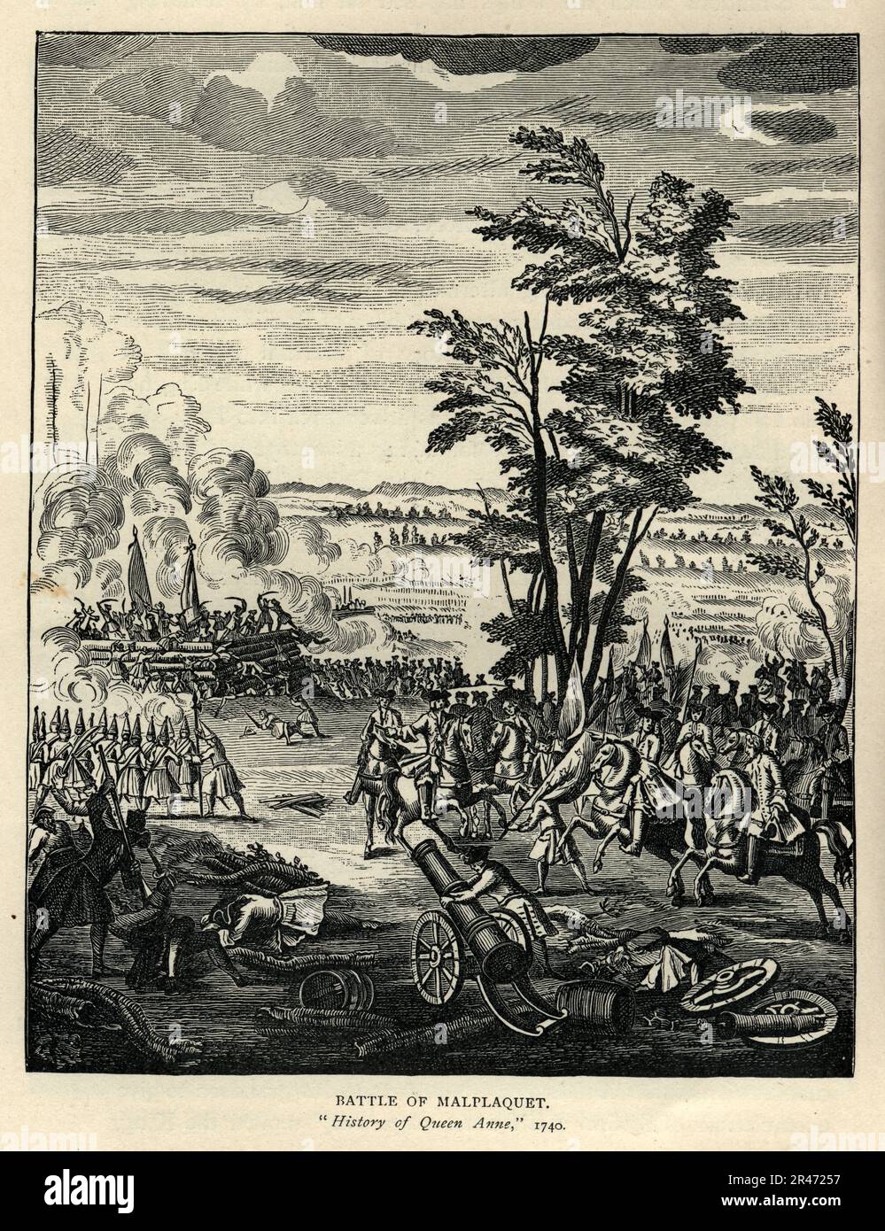 Schlacht von Malplaquet am 11. September 1709 während des spanischen Erbkriegs und wurde zwischen einer französischen Armee unter dem Kommando des Herzog von Villars und einer Truppe der Großen Allianz unter John Churchill, dem Herzog von Marlborough, gekämpft Stockfoto