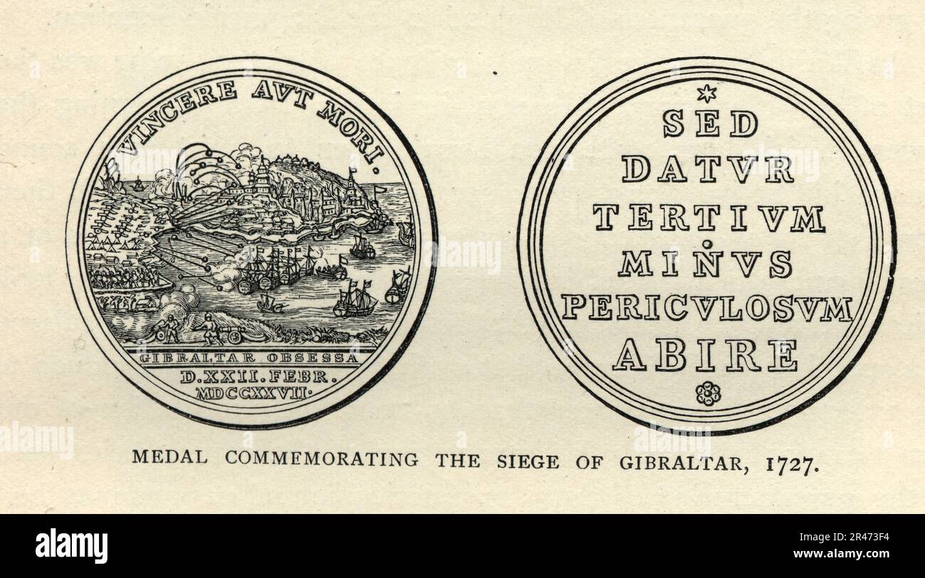 Medaille zur Gedenkfeier der dreizehnten Belagerung von Gibraltar 1727 im Rahmen des anglospanischen Krieges Stockfoto