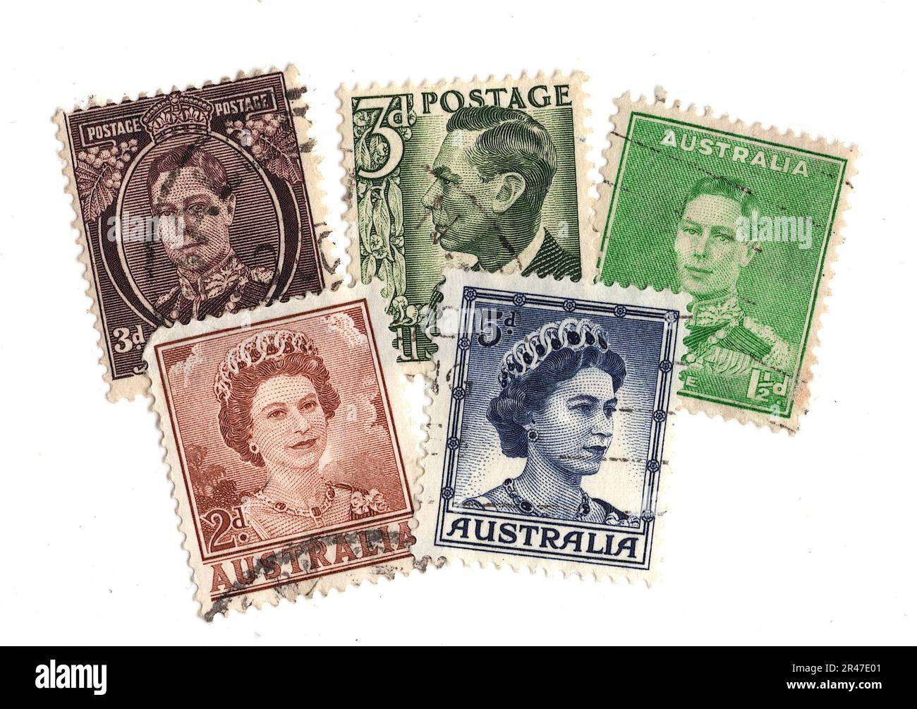 Klassische Briefmarken aus Australien mit britischen Monarchen isoliert auf weißem Hintergrund. Stockfoto