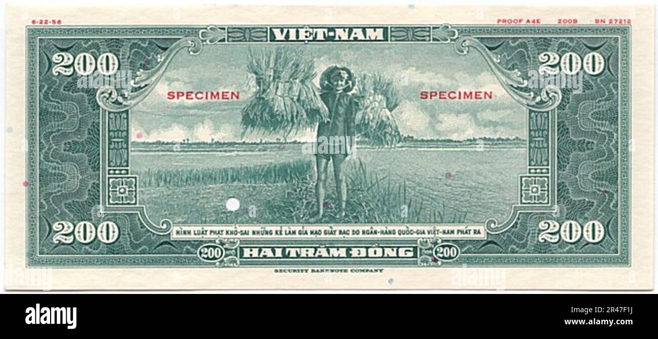 Nicht ausgegebene 200 Đồng – Südvietnam (1955, farbgeschützt, grün) erste Ausgabe 02 Stockfoto