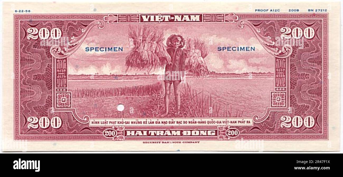 Nicht ausgestelltes 200 Đồng – Südvietnam (1955, farbgeschützt, lila) erste Ausgabe 02 Stockfoto
