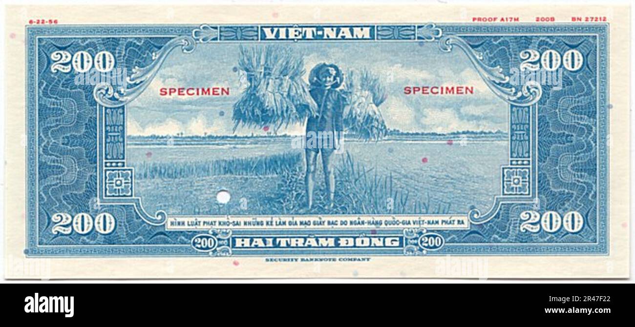 Nicht ausgegebene 200 Đồng – Südvietnam (1955, farbgeschützt, blau) erste Ausgabe 02 Stockfoto