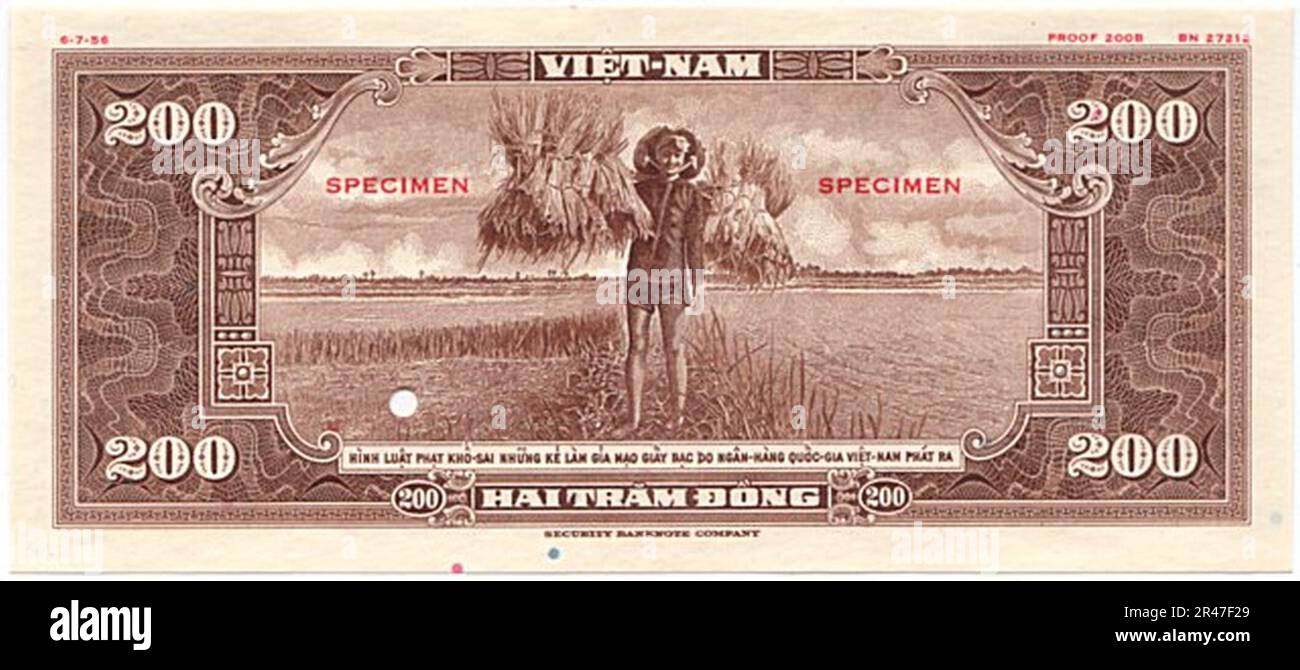 Nicht ausgegebene 200 Đồng – Südvietnam (1955, farbgeschützt, braun) erste Ausgabe 02 Stockfoto
