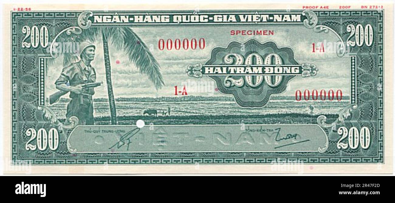 Nicht ausgegebene 200 Đồng – Südvietnam (1955, farbgeschützt, grün) erste Ausgabe 01 Stockfoto