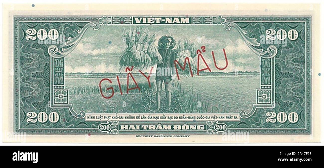 Nicht ausgestellte 200 Đồng - Südvietnam (1955, EXEMPLAR) erste Ausgabe 02 Stockfoto