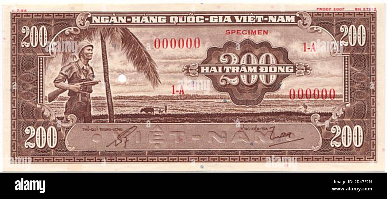 Nicht ausgegebene 200 Đồng – Südvietnam (1955, farbgeschützt, braun) erste Ausgabe 01 Stockfoto