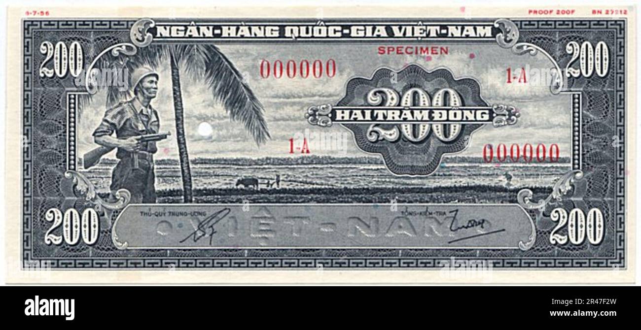 Nicht ausgegebene 200 Đồng – Südvietnam (1955, farbgeschützt, Schwarz) erste Ausgabe 01 Stockfoto