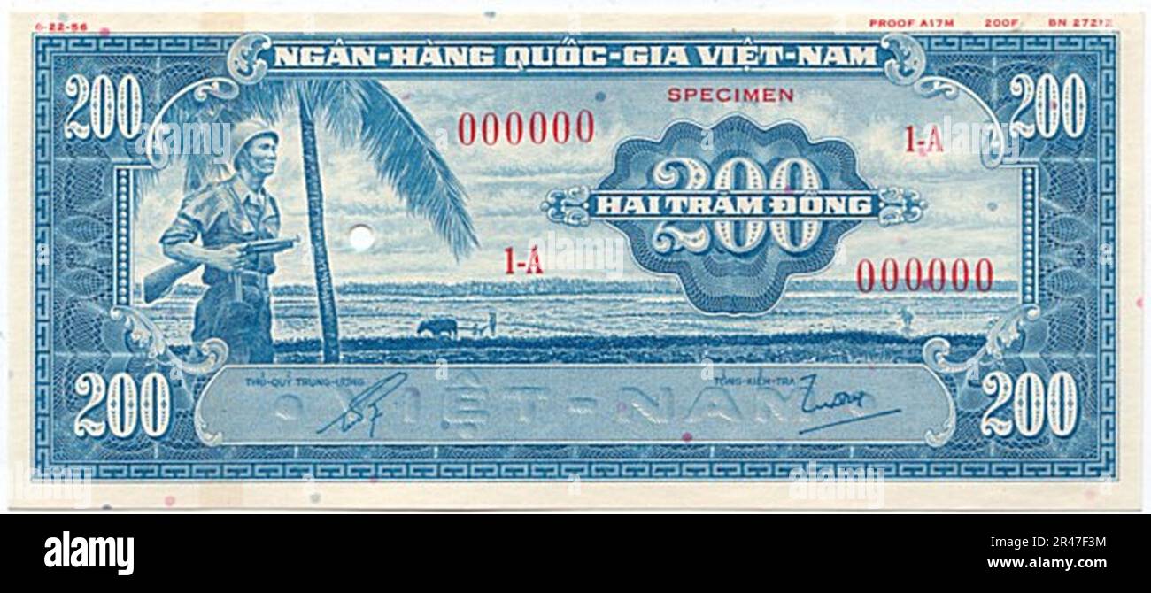 Nicht ausgegebene 200 Đồng – Südvietnam (1955, farbgeschützt, blau) erste Ausgabe 01 Stockfoto