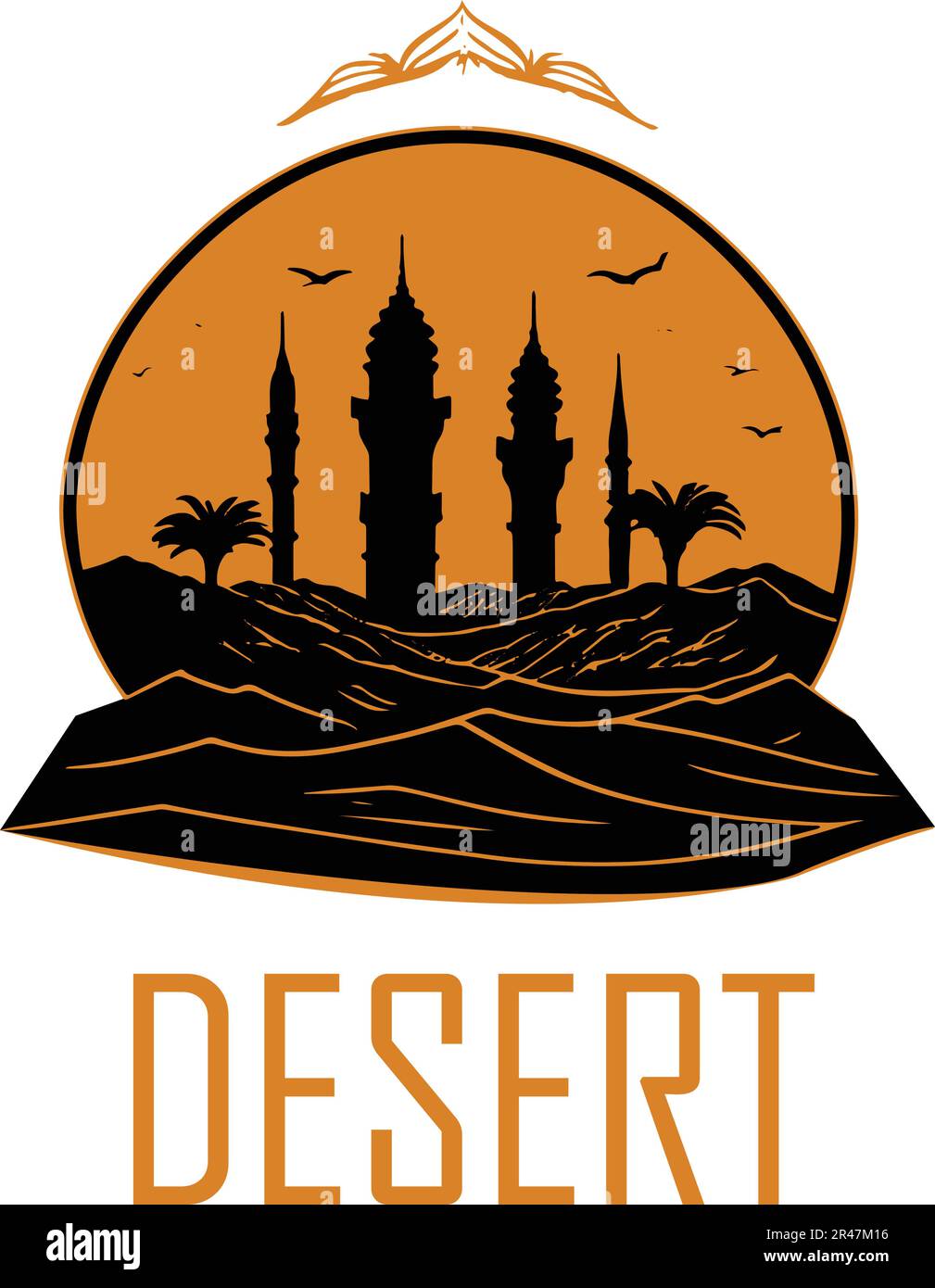 Die Desert Sands Logo Vector File bietet ein einzigartiges und auffälliges Design. Das Logo besteht aus zwei Palmen, deren Blätter in Richtung eac gekrümmt sind Stock Vektor