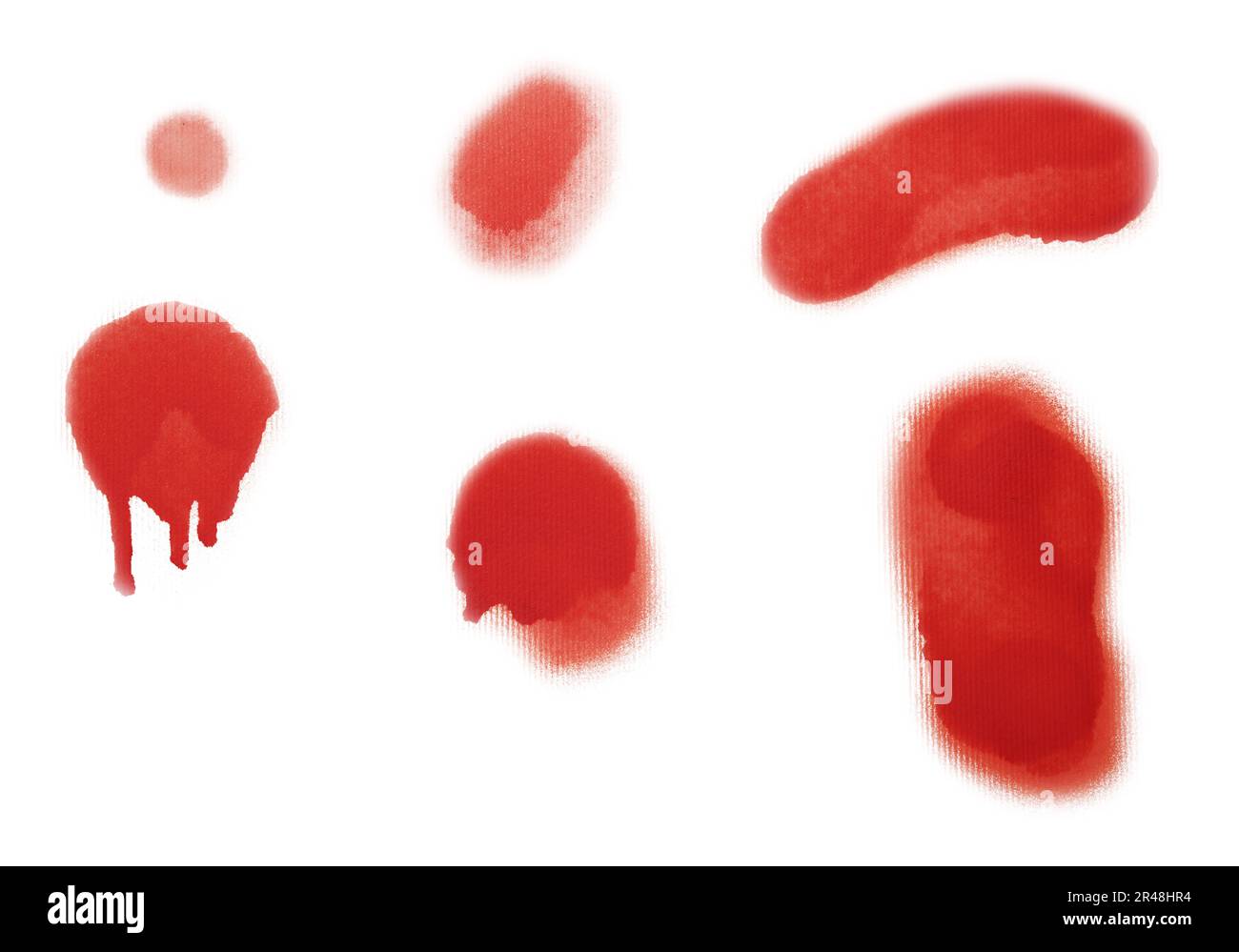 Rote Sprühfarbe auf weißem Hintergrund zeichnet Flecken Stockfoto