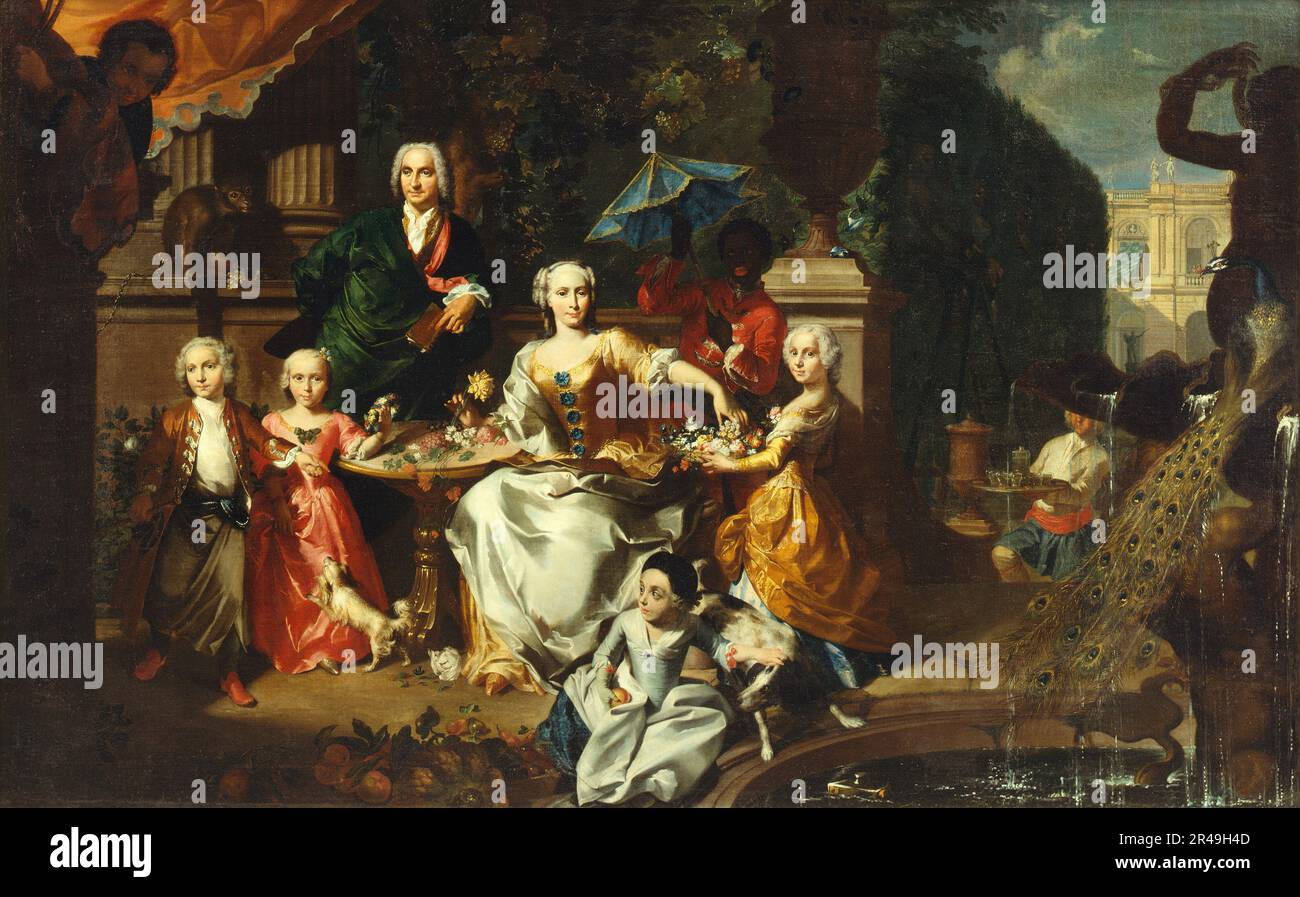 Eine Familiengruppe auf einer Terrasse auf dem Gelände einer Villa; möglicherweise der englische Geschäftsmann George Jackson und seine Familie, 1737. [Hinweis: Diener oder versklavte Person mit Sonnenschirm]. Stockfoto