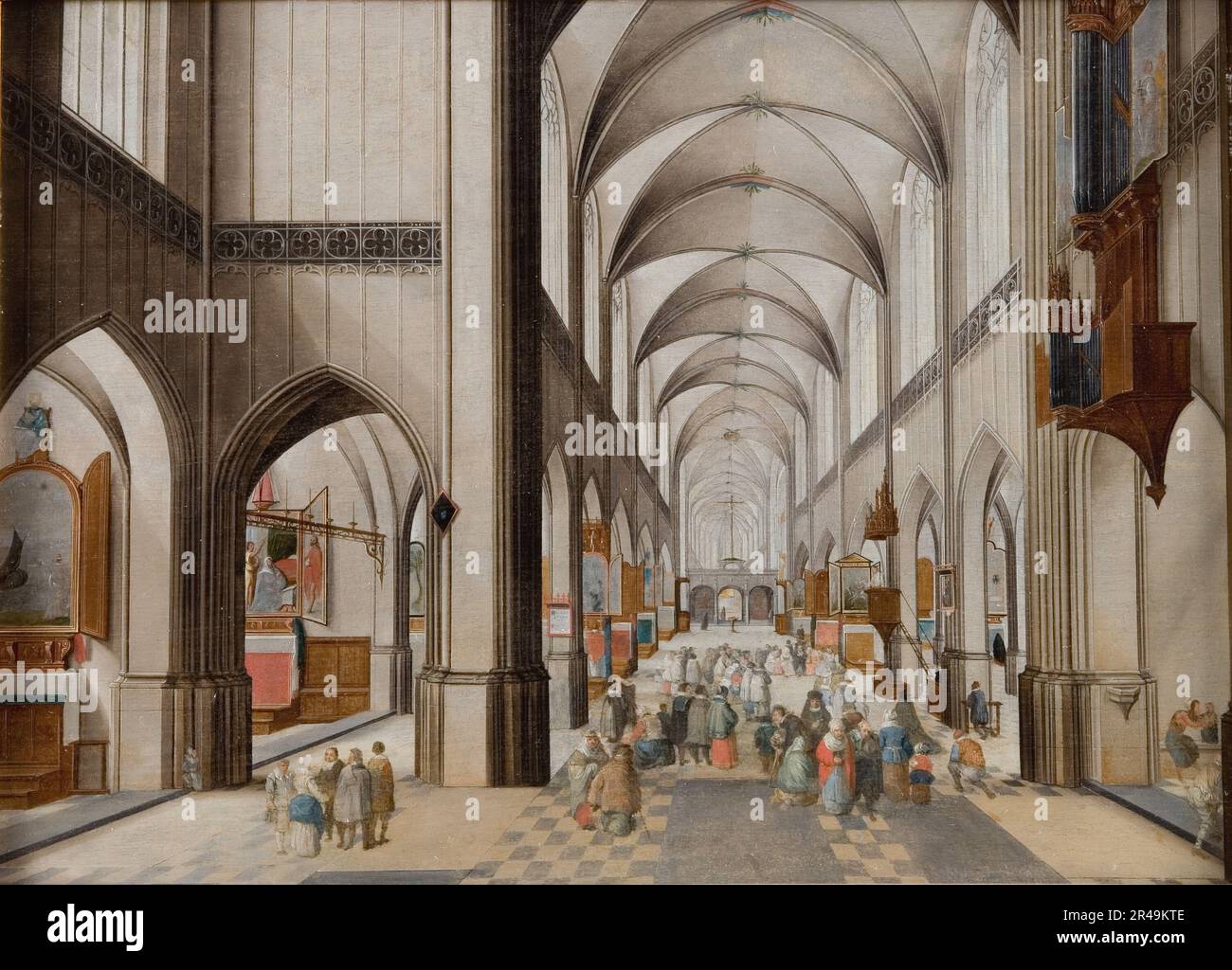 Das Innere einer drei-Gänge-gotischen Kirche während einer Predigt von 1628-1631. Stockfoto