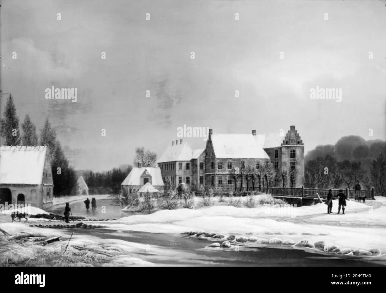 Blick auf den Hauptgarten in Lykkesholm, Funen, Winter 1834. Herrenhaus aus dem Jahr 1600, entworfen von Domenicus Badiaz. Stockfoto