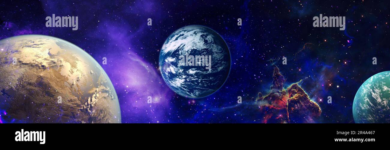 Panoramablick auf die Erde in der Galaxie, Konzept zum Thema Ökologie, Umwelt, Tag der Erde. Stockfoto