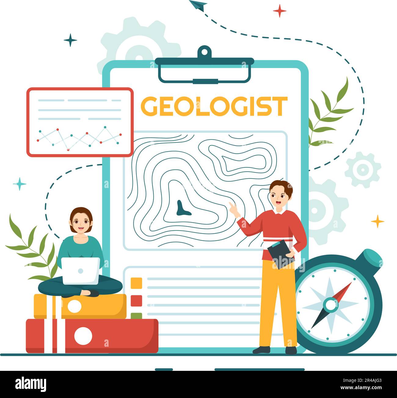 Geologe Vektordarstellung mit Bodenanalyse und Funktionen der Erde für Wissenschaft, Forschung oder Expedition in flachen, handgezeichneten Cartoon-Vorlagen Stock Vektor