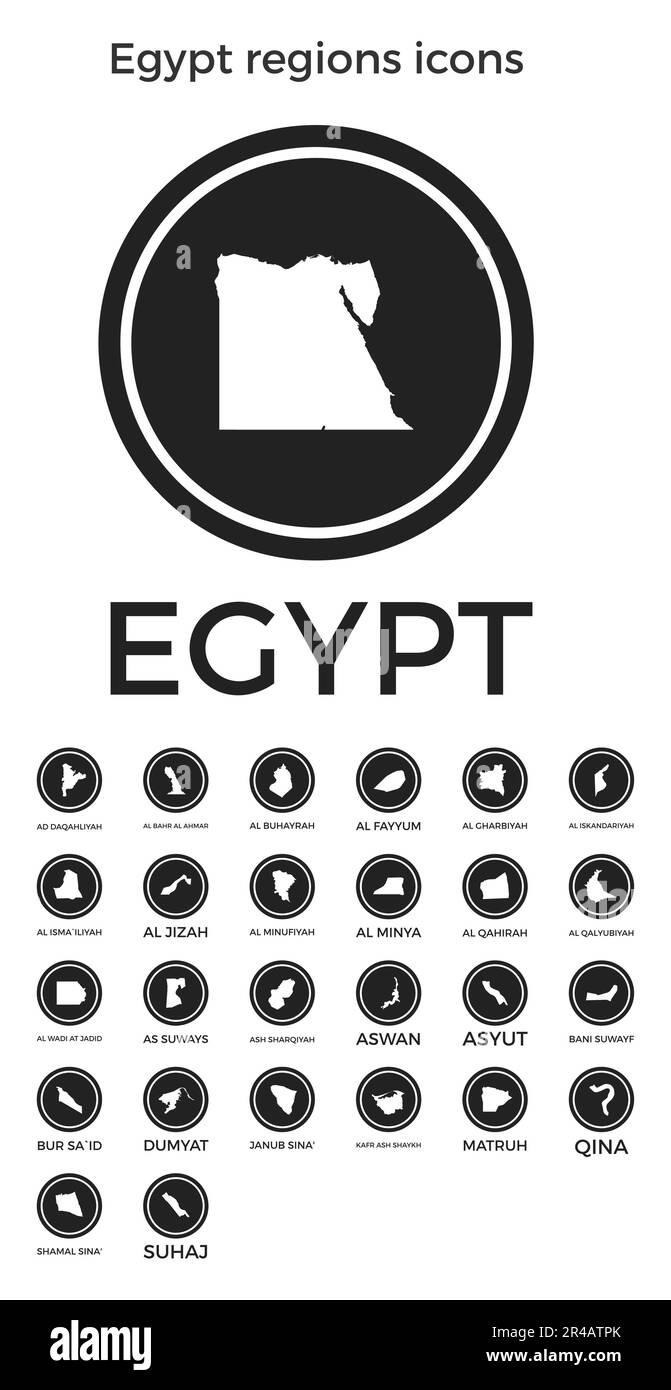Symbole für Regionen in Ägypten. Schwarze runde Logos mit Karten und Titeln der jeweiligen Region. Vektordarstellung. Stock Vektor