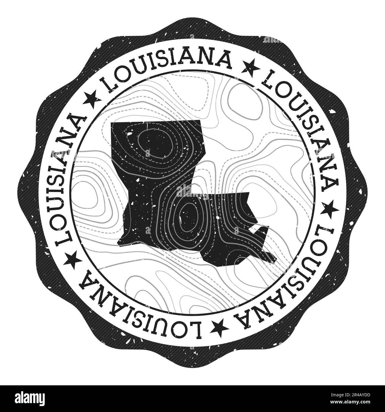 Louisiana Outdoor-Stempel. Runder Aufkleber mit Karte des US-Bundesstaates mit topografischen Isolinien. Vektordarstellung. Kann als Abzeichen, Logo, Label, Stock Vektor