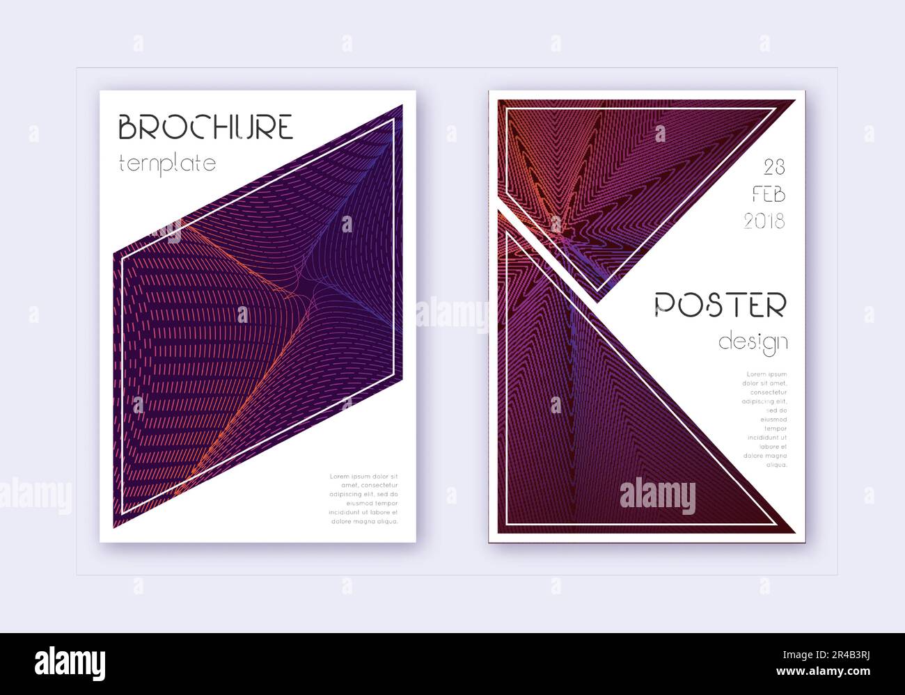 Design-Vorlagensatz für Dreiecksabdeckung. Violette abstrakte Linien auf dunklem Hintergrund. Makelloses Deckeldesign. Messekatalog, Poster, Buchvorlage usw. Stock Vektor