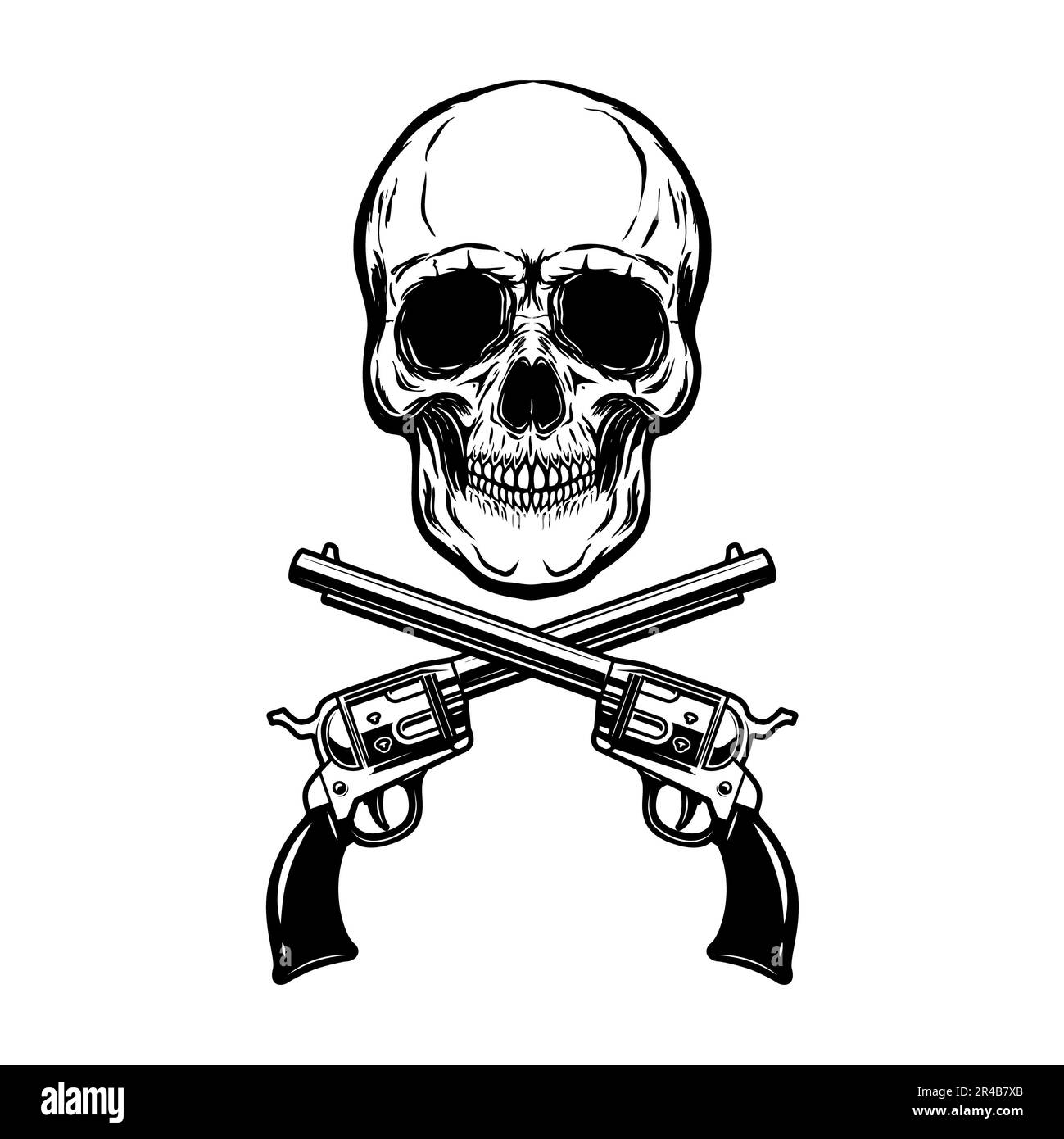Darstellung des Cowboyschädels mit gekreuzten Revolvern. Designelement für Logo, Label, Schild, Emblem. Vektordarstellung, Darstellung des Cowboys Stockfoto
