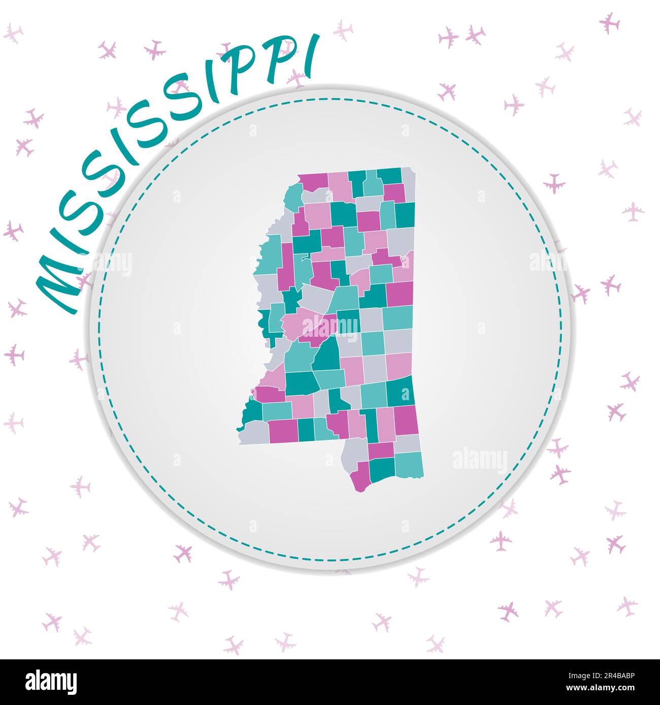 Mississippi-Kartendesign. Karte des US-Bundesstaates mit Regionen in Smaragd-Amethyst-Farbpalette. Stock Vektor