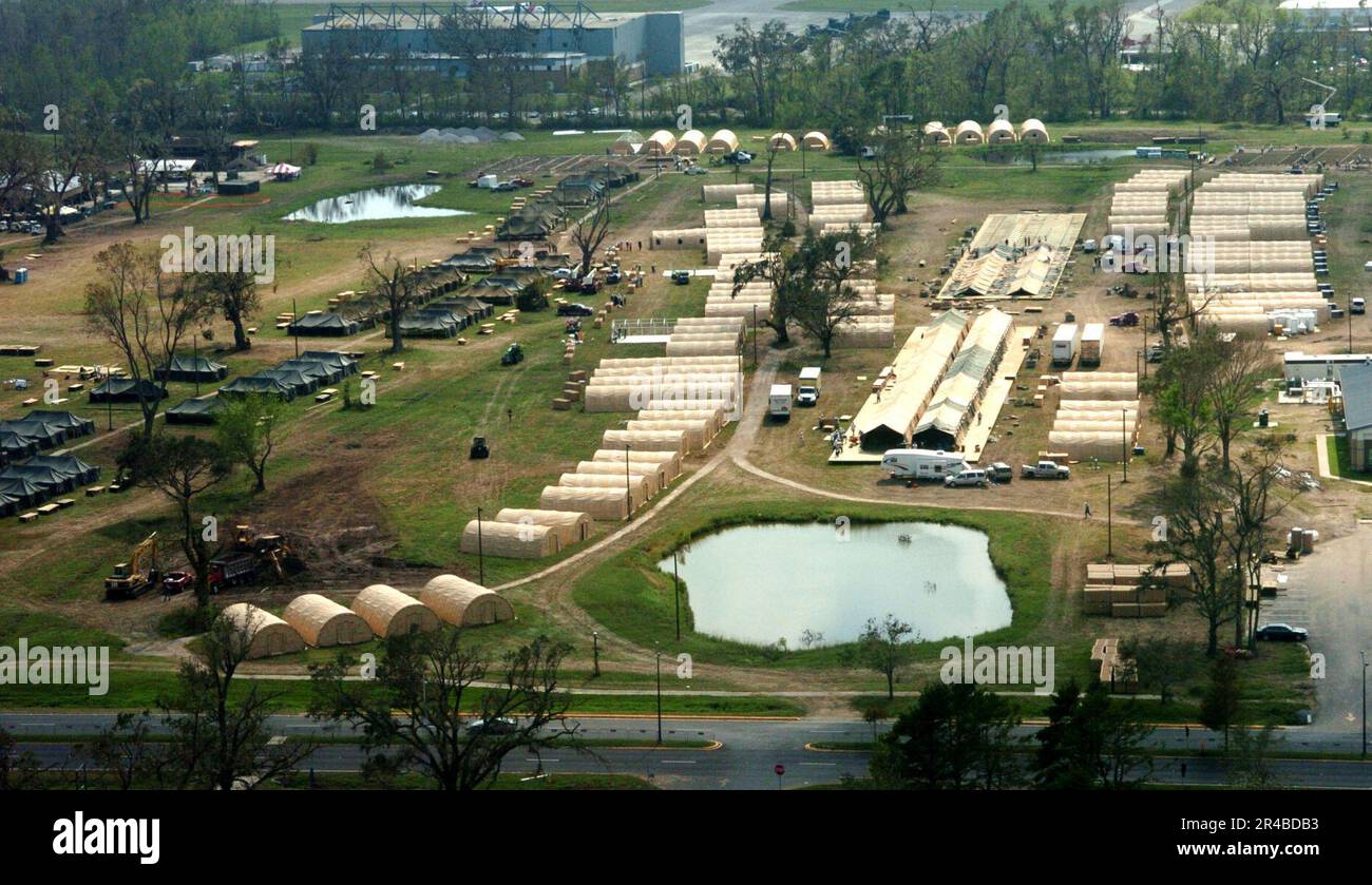 Zivile Auftragnehmer DER US Navy und US Navy Seabees zugewiesen zum Naval Mobile Construction Battalion Four Zero (NMCB-40), Bau einer Zeltstadt, um 7.500 Militär- und Federal Emergency Management Agen zu unterstützen. Stockfoto