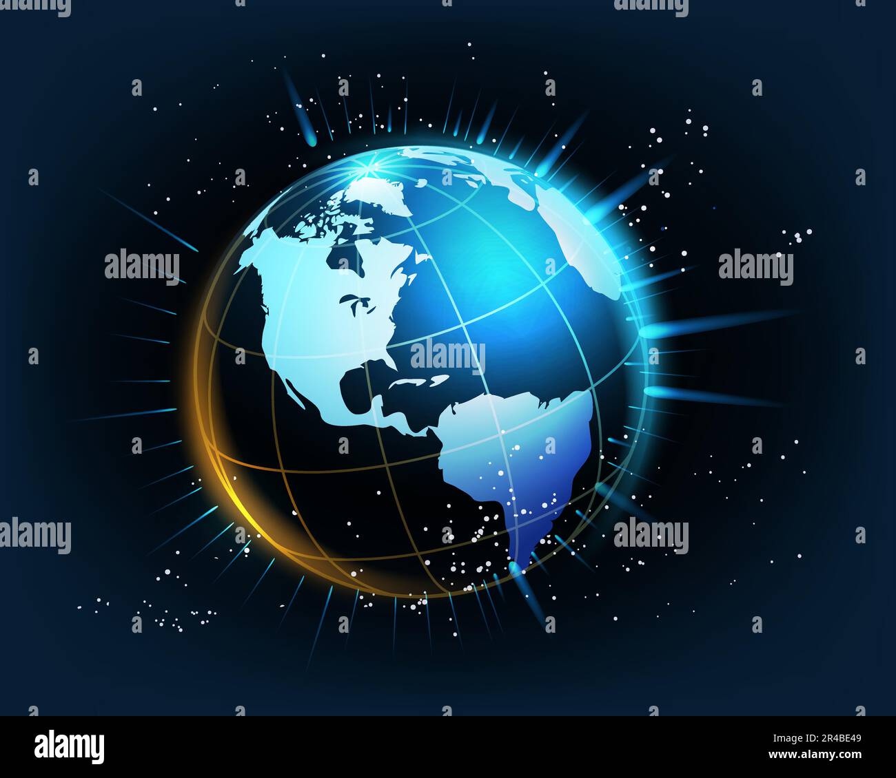 Planet Earth mit leuchtenden Strahlen Wissenschafts- und Technologiekonzept auf schwarzblauem Hintergrund. Vektordarstellung Stock Vektor