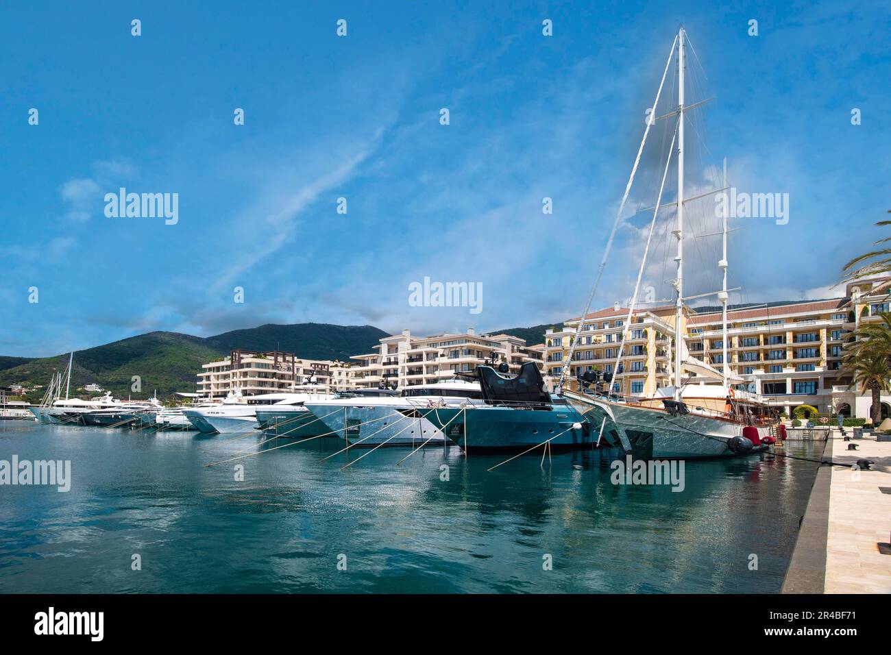 Boote und Luxusjachten, Marina Porto Montenegro, Tivat, Bucht von Kotor, Provinz Tivat, Montenegro Stockfoto