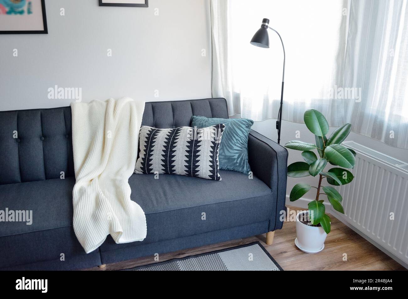 Modernes Studio-Apartment im skandinavischen Interieur in Weiß und Grau, Sofa im Wohnbereich Stockfoto