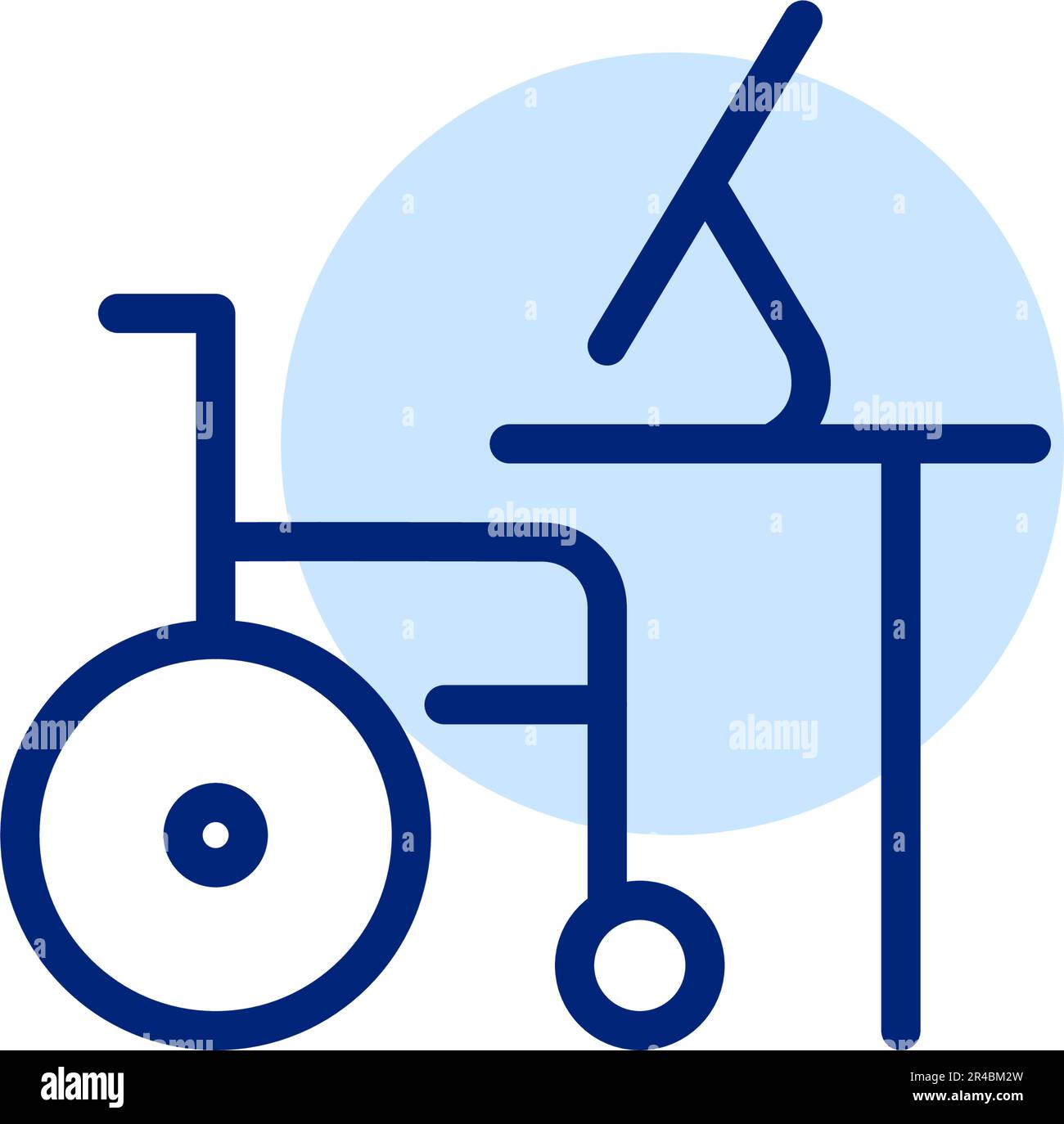 Arbeitsplatz mit Desktop-Computer. Rollstuhlgerechte Arbeitsumgebung. Pixelgenaue, bearbeitbare Kontur Stock Vektor