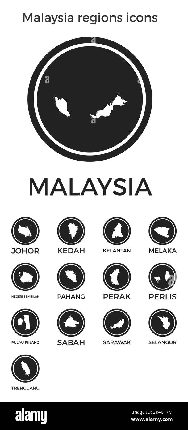 Symbole für Regionen in Malaysia. Schwarze runde Logos mit Karten und Titeln der jeweiligen Region. Vektordarstellung. Stock Vektor