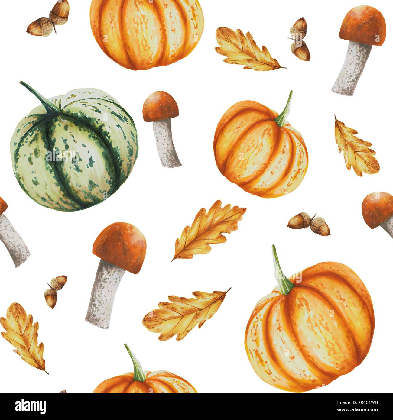 Herbstfarben isoliertes nahtloses Muster mit Kürbissen, Eichenblättern, Eicheln, Pilzen, Boletus, Porcini-Pilze, weißer Hintergrund. Saisonaler Herbst Stockfoto