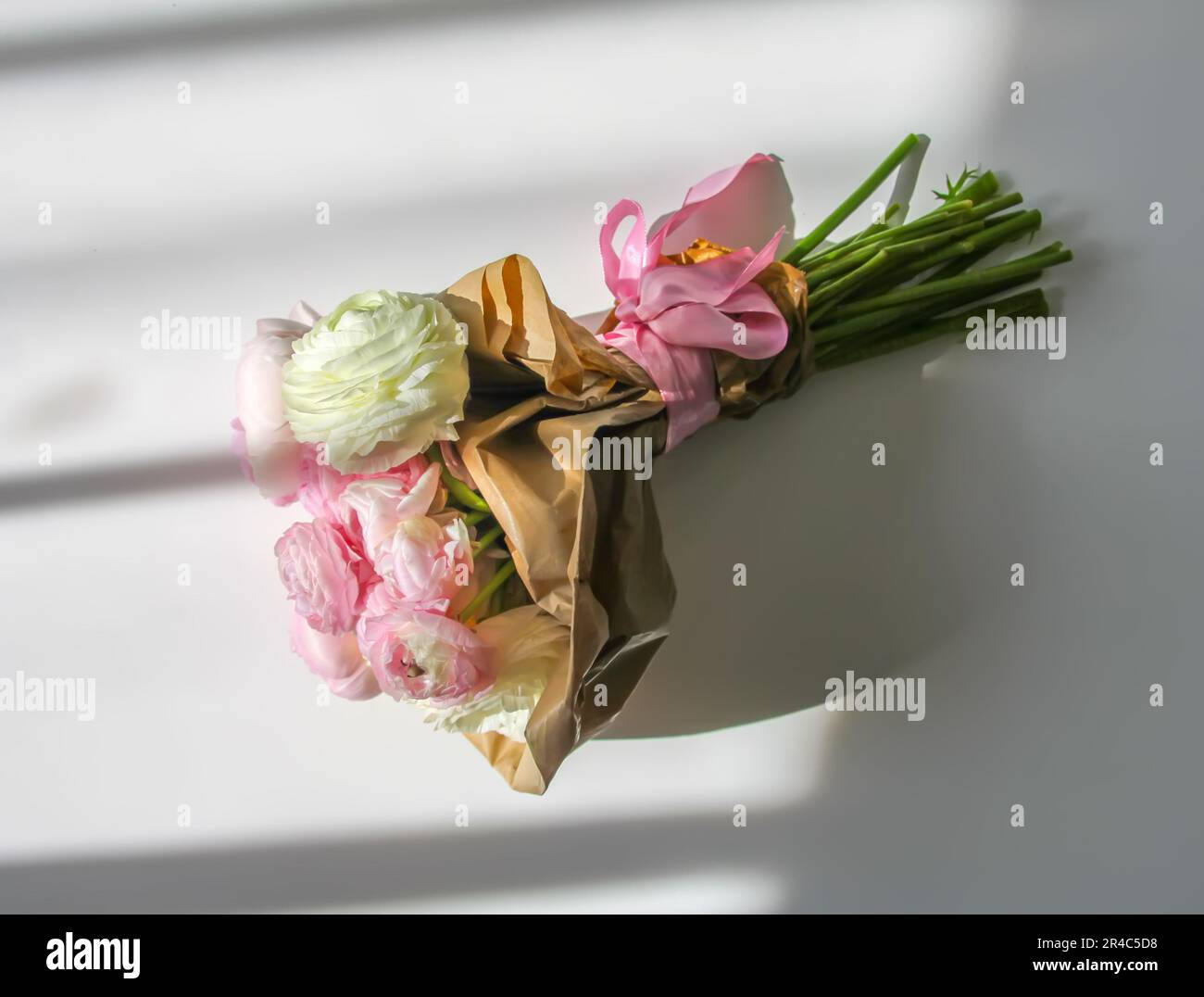 Ein Strauß von Ranunculus... wunderschöne, zarte Blumen. Einrichtung mit Blumenmuster. Helles Sonnenlicht und Schatten auf einer weißen Oberfläche Stockfoto