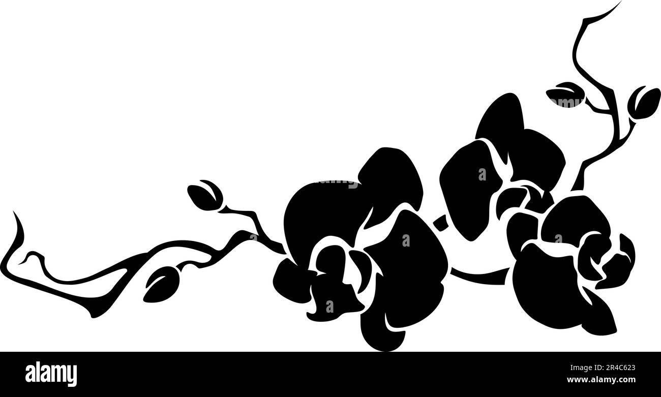 Orchideenblütenzweig. Schwarze Silhouette des Orchideenzweigs isoliert auf weißem Hintergrund. Vektor-Konstruktionselement Stock Vektor