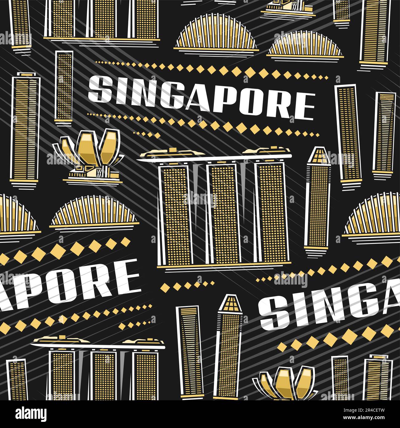 Vector Singapore Seamless Pattern, wiederhole den Hintergrund mit der Illustration der berühmten stadt singapur auf dunklem Hintergrund für Geschenkpapier, dekorativ Stock Vektor