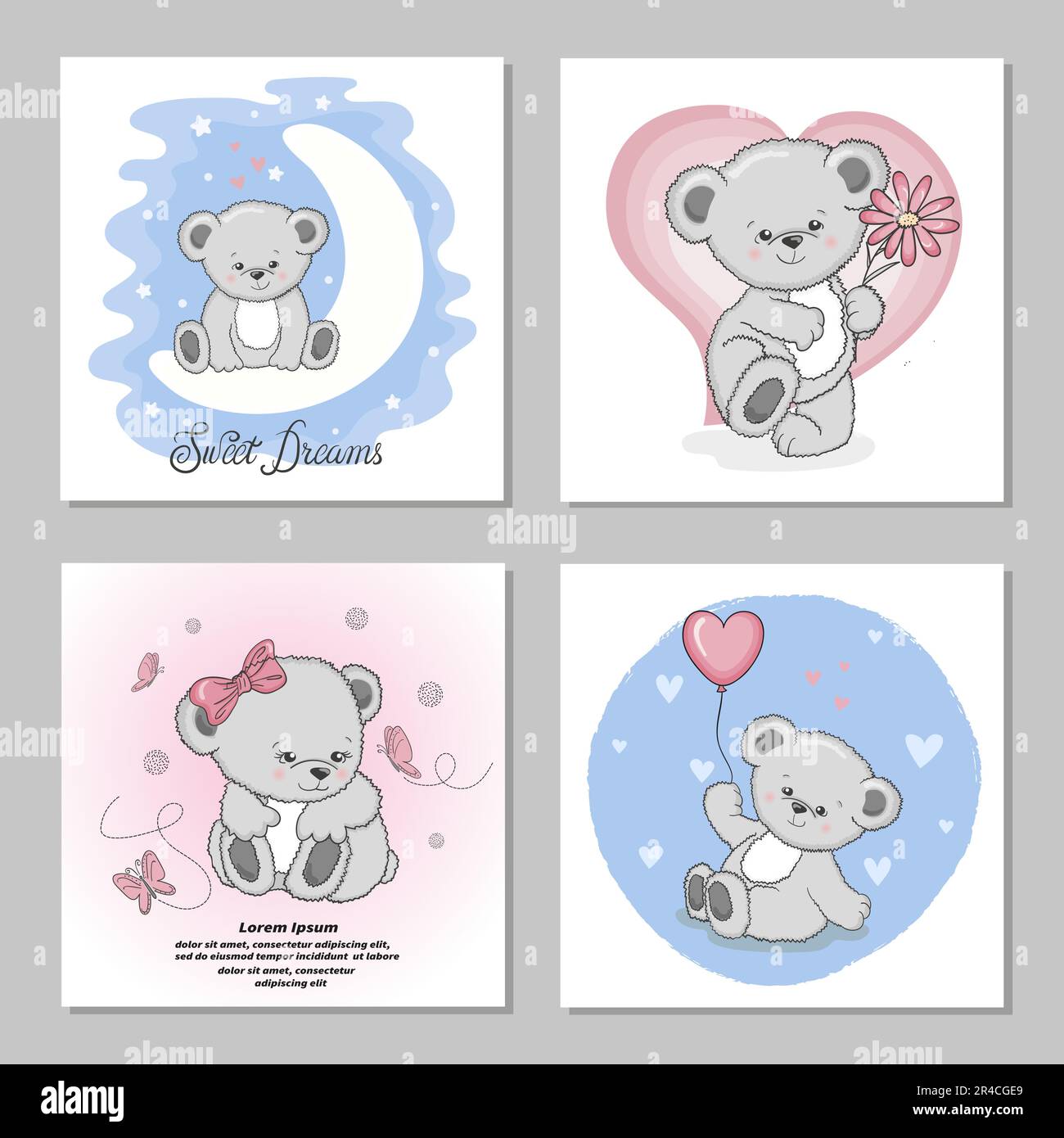 Süße Teddybären, Vektorbilder. Ein Set Geburtstagskarten, Poster, Fingerabdrücke für Kinder. Stock Vektor