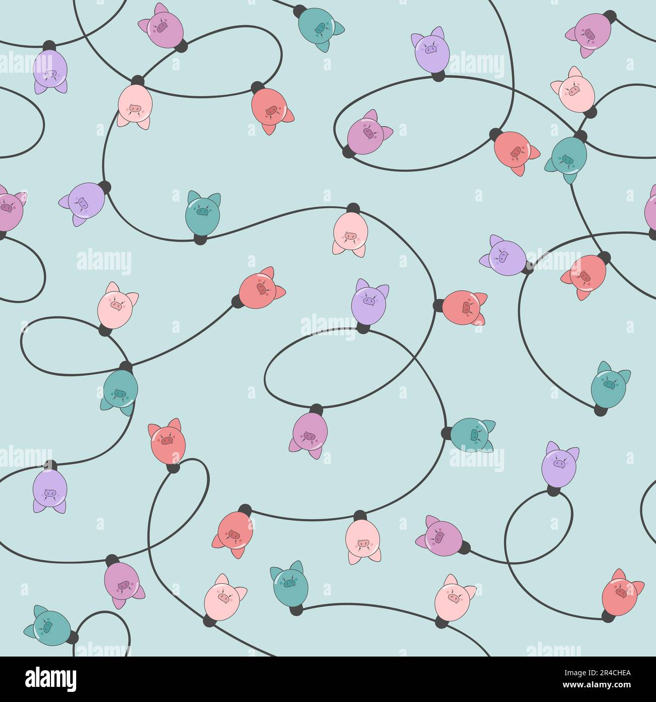 Nahtlose Weihnachtsbeleuchtung mit niedlichen Schweineblampen. Neujahrsdekoration 2019. Stock Vektor