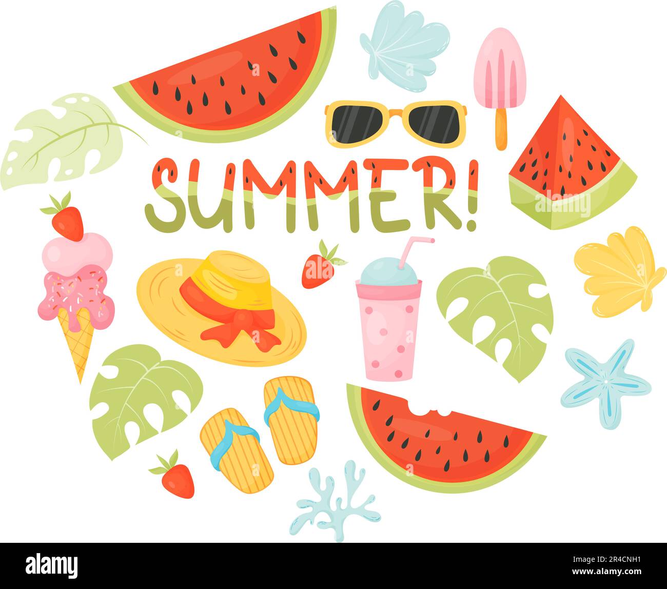 Sommerkollektion. Wassermelone, Eiscreme, Strohhut und Flip-Flops, Muscheln und Schriftzug Summer mit Wassermelonenmuster. Vektordarstellung in Stock Vektor