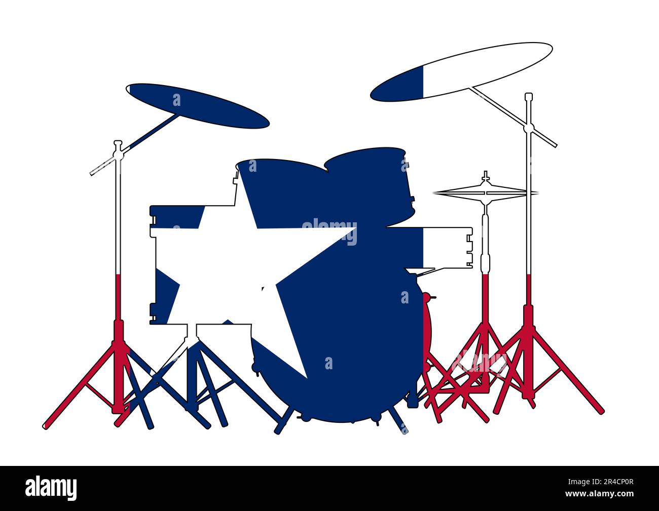 Silhouette eines Rock-Bands-Trommelkits, isoliert auf weiß und mit Texan Flag eingefasst Stockfoto
