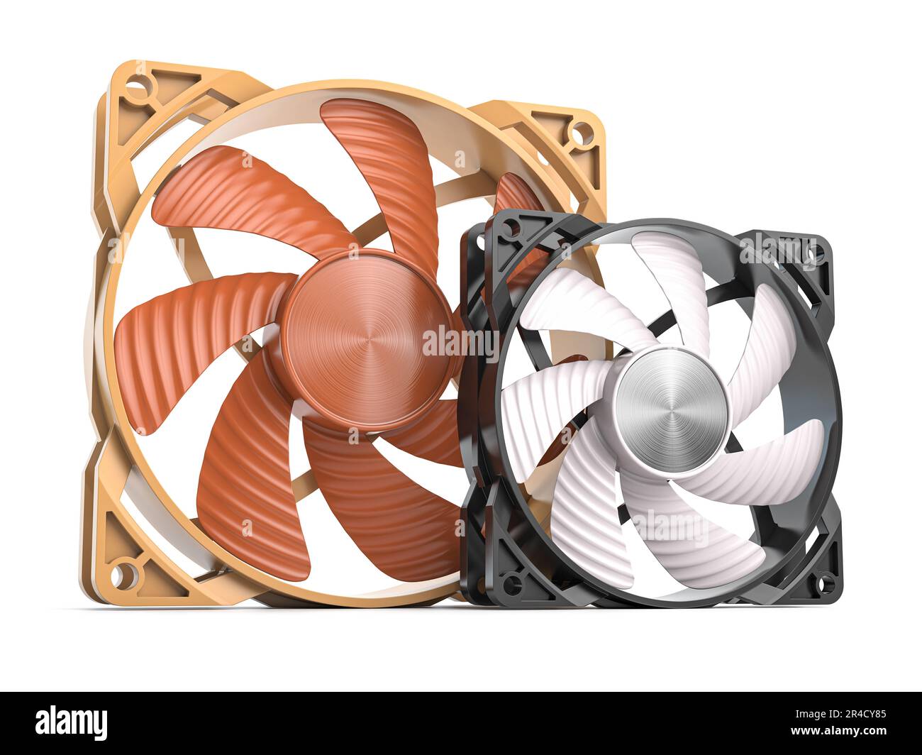PC- oder CPU-Kühlerlüfter isoliert auf weißem Hintergrund. 3D Abbildung Stockfoto