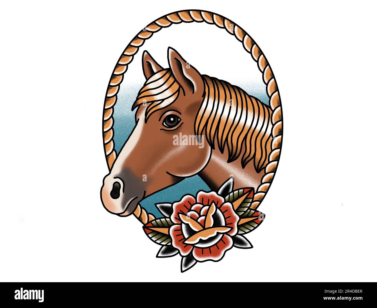 Traditionelles Tattoo-inspiriertes Pferdekopfporträt der alten Schule Stockfoto