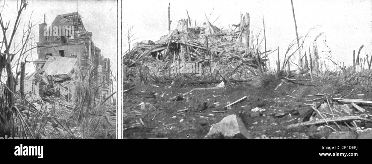 "Le Massacre des Choses; Deux phases de la Destruction du Chateau de la Maisonnette", 1916. Aus „L'Album de la Guerre 1914-1919, Volume I“ [L'Illustration, Paris, 1924]. Stockfoto