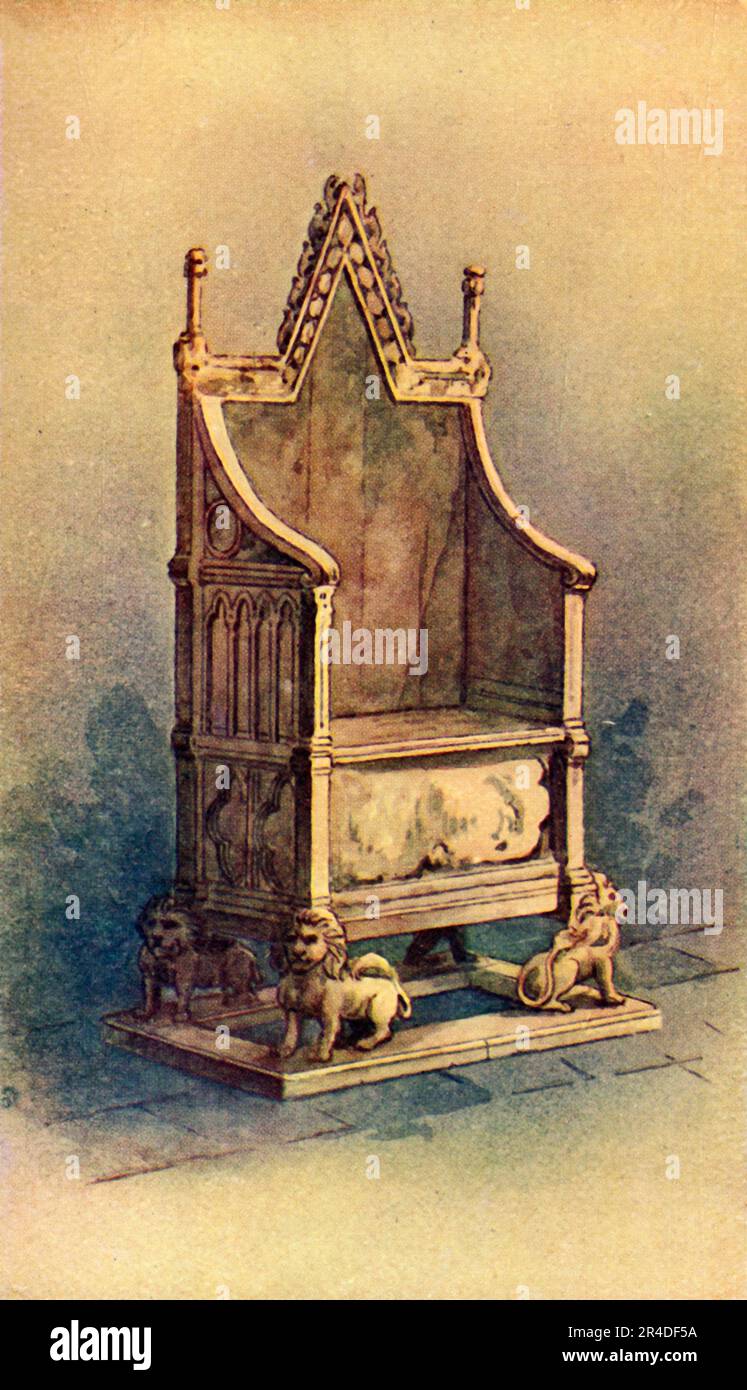 "Der Krönungsstuhl", c1911. Antiker Holzstuhl, auch bekannt als St. Edward's Chair oder King Edward's Chair, auf dem britische Monarchen sitzen, wenn sie in Westminster Abbey gekrönt werden. Er wurde 1296 von König Edward I in Auftrag gegeben, um den von den Schotten gefangenen Krönungsstein von Schottland - bekannt als der Stein des Scone oder Stein des Schicksals - aufzunehmen. Hier ist es ohne den Stein abgebildet. Aus dem Porträtbuch unserer Könige und Königinnen 1066-1911, herausgegeben von T. Leman Hare. [T.C. &amp; E. C. Jack, London &amp; Edinburgh] Stockfoto