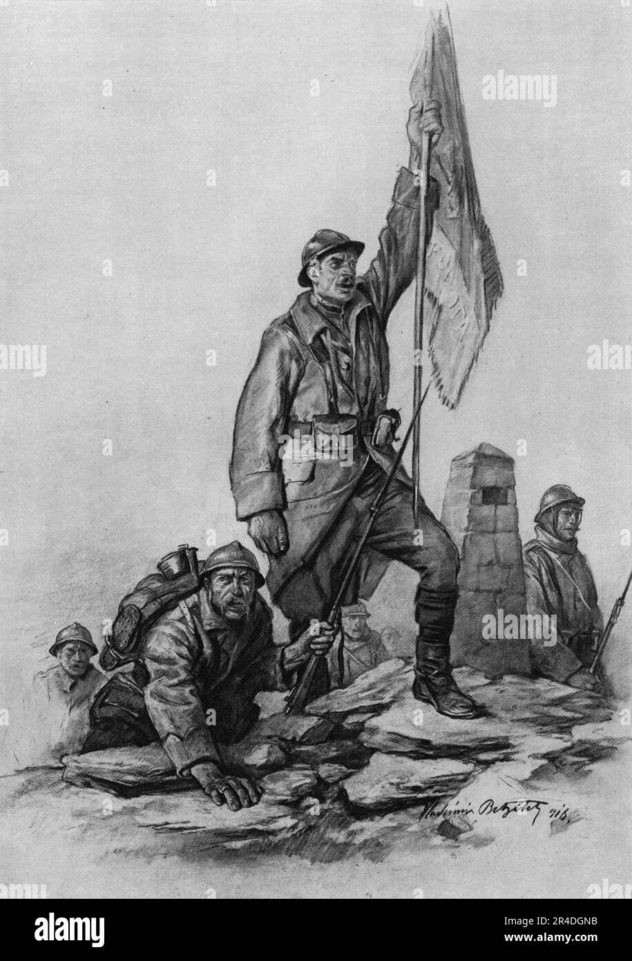 "Le retour des Serbes en Serbie; le 30 septembre 1916, les soldats de la troisieme armee remettent le bite sur le sol de la Patrie, durement recquis.", 1916. Aus der „Collection de la Guerre IV L'Illustration Tome CXLVII. La Guerre Juillet, Aout, Septembre, Octobre, Novembre, Dez. 1916". Stockfoto