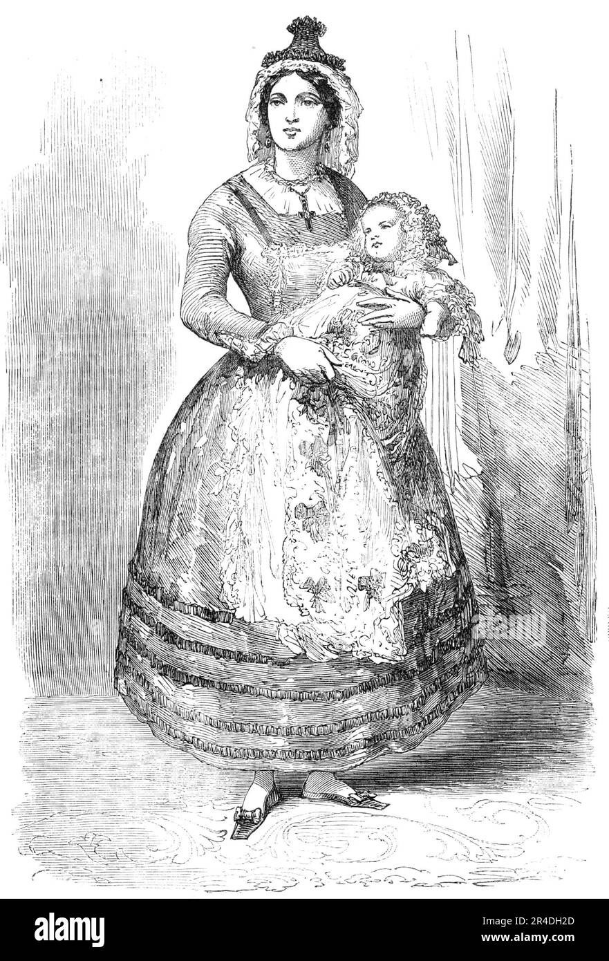 Das kaiserliche Kind und die Krankenschwester, 1856. "...ein ganzes Porträt der Krankenschwester, eine prächtig aussehende Bauernfrau, gekleidet in dem malerischen Kostüm, das sie bei der Taufzeremonie trug." Kinderbetreuer mit Prinz Louis Napoleon, Erbe des französischen Throns, der Taufkleidung trägt. Aus "Illustrierte London News", 1856. Stockfoto