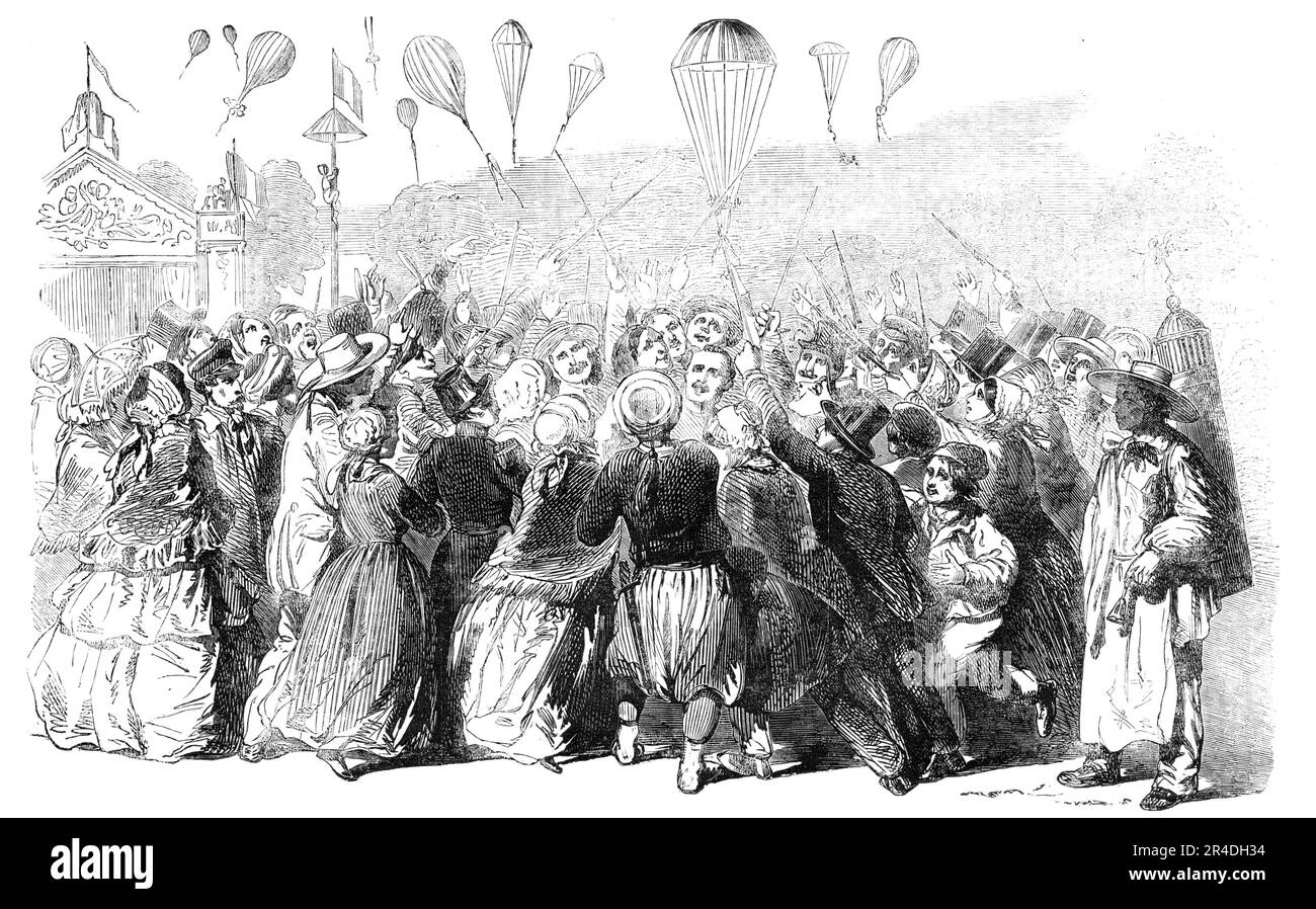 Bon-Bons-Dusche auf der Esplanade des Invalides, 1856. Paris feiert die Geburt von Prinz Louis Napoleon, dem Erben des französischen Throns. "Unter den Unterhaltungen, die für die Arbeiterklasse am Sonntag geboten wurden, war der Flug von Ballons, die Bons duschten, am amüsantesten. Im Laufe des Nachmittags wurden 300 Ballons in der Esplanade abgeworfen, und um etwa fünf Uhr wurde ein großer Ballon hochgeschickt, aus dem Säcke mit Bonbonbons unter die Menge geworfen wurden. Alles ging mit viel Humor über, und die Leute schienen begeistert von der Unterhaltung zu sein, die für das geboten wurde Stockfoto
