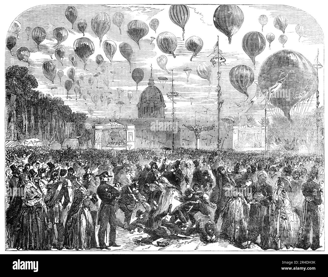 Der Aufstieg der Ballons von der Esplanade des Invalides, 1856. Paris feiert die Geburt von Prinz Louis Napoleon, dem Erben des französischen Throns. "Unter den Unterhaltungen, die für die Arbeiterklasse am Sonntag geboten wurden, war der Flug von Ballons, die Bons duschten, am amüsantesten. Im Laufe des Nachmittags wurden 300 Ballons in der Esplanade abgeworfen, und um etwa fünf Uhr wurde ein großer Ballon hochgeschickt, aus dem Säcke mit Bonbonbons unter die Menge geworfen wurden. Alles wurde mit viel Humor übergangen und die Leute schienen von den Vergnügungen begeistert zu sein Stockfoto